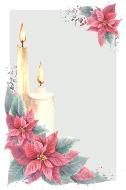 Kırmızı Poinsettia çiçek yapraklarıyla suluboya köşeli çerçeve. Alevli mumlar ve sıçramalar. Noel için resim, yeni yıl kartı şablonu, kış tatili baskısı. İzole edilmiş renkli arkaplan
