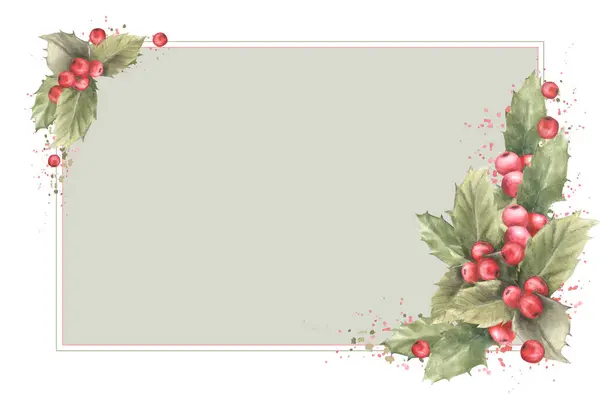 Kutsal yapraklardan yapılmış suluboya bir kart ve akvaryumlu kırmızı böğürtlen. Yılbaşı ya da yeni yıl dekorasyonu için geleneksel bitki, kış, şablonlu kutlama kartı. İzole edilmiş, hafif arkaplan