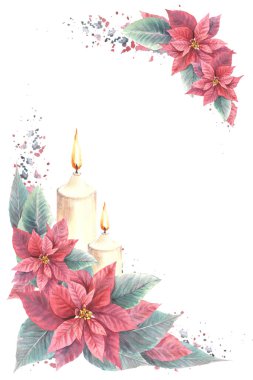 Kırmızı Poinsettia çiçekli suluboya çerçeve alevli mumlar ve yılbaşı resmi, yeni yıl kartı şablonu, kış tatili baskısı. İzole edilmiş beyaz arkaplan