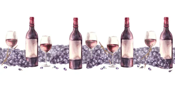 A bottle and glass of red wine with bunches of grapes, berries. Seamless border pattern. Watercolour hand draw food illustration. Wine making, bar wine list, menu, wrapping. Isolated white background.