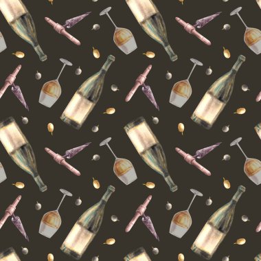 Üzüm üzümlü ve tirbuşonsuz bir şişe ve bir bardak beyaz şarap. Suluboya el çizimi. Şarap, duvar kâğıdı ve ambalaj için tekrarlayan tasarım yapıyor. İzole edilmiş koyu arkaplan