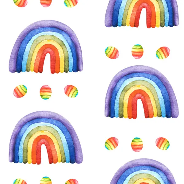 Watercolor hand drawn rainbow illustration. Seamless pattern. Perfect for creative birthday, pride LGBT party, print, textiles, packaging, wallpaper, scrapbooking Template isolated on white background