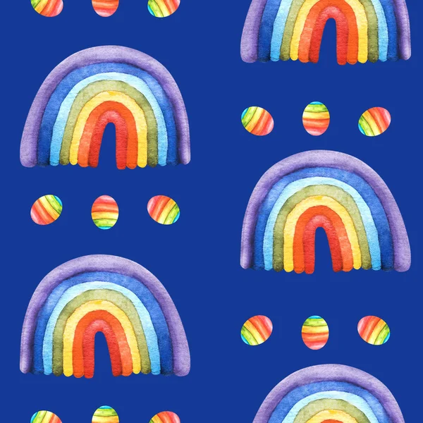 Watercolor hand drawn rainbow illustration. Seamless pattern. Perfect for creative birthday, pride LGBT party, print, textiles, packaging, wallpaper, scrapbooking Template isolated on blue background