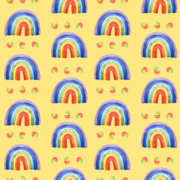 Watercolor hand drawn rainbow illustration Seamless pattern. Perfect for creative birthday, pride LGBT party, print, textiles, packaging, wallpaper, scrapbooking Template isolated on yellow background