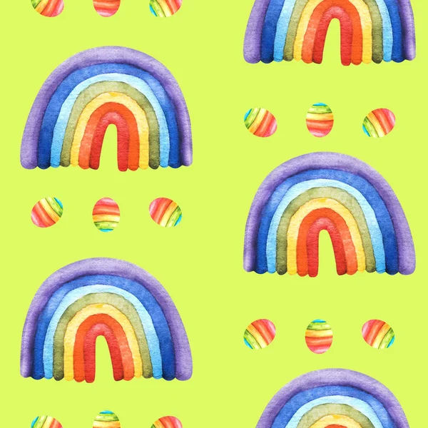 Watercolor hand drawn rainbow illustration. Seamless pattern. Perfect for creative birthday, pride LGBT party, print, textiles, packaging, wallpaper, scrapbooking Template isolated on green background