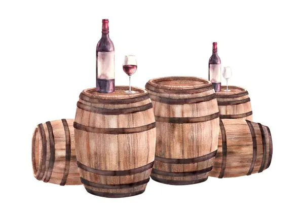 A group of wooden old barrels with bottles and glasses of red wine. Watercolour hand draw food illustration on white background. Wine making arrangement for print of sticker, drink menu, wine list