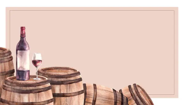 A group of wooden old barrels with bottle and glass of red wine. Watercolour hand draw food illustration isolated on coloured background. Wine making template for banner, card, drink menu, wine list.