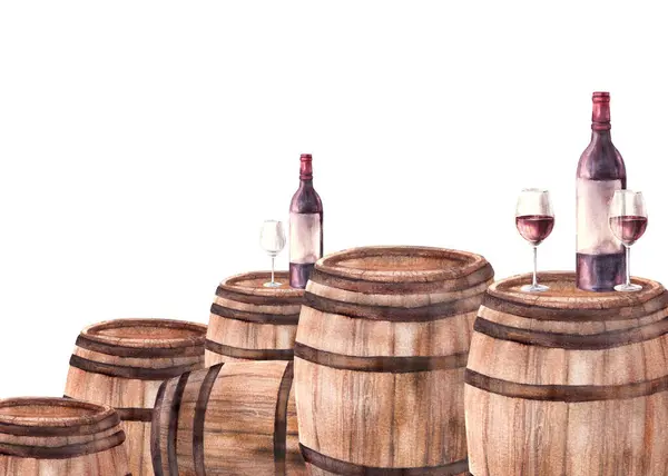 A group of wooden old barrels with bottles and glasses of red wine. Watercolour hand draw food illustration on white background. Wine making template for banner, card, drink menu, wine list print
