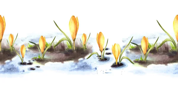 Akvarell Målade Illustration Sömlös Mönster Gräns Våren Naturens Uppvaknande Smälter — Stockfoto