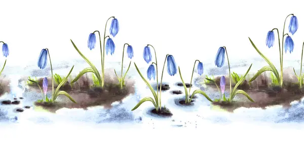 Akvarell Målning Primära Blommor Illustration Ankomst Våren Sömlös Mönster Gräns — Stockfoto