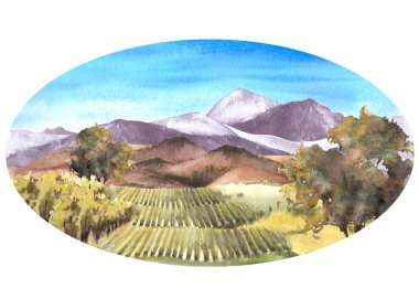 Kırsal manzara oval etiketi, üzüm bağları, çalılar, ağaçlar, üzüm bitkisi, mavi gökyüzü şarap üreten tarla işçisi beyaz arka plan posterine izole edilmiş suluboya çizimi, çıkartma baskısı