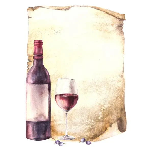 Wine bottle and glass on old papyrus leaf background, menu, wine list. Wine making template. Watercolour hand draw food illustration on white background for your print of sticker, flyers, drink, card