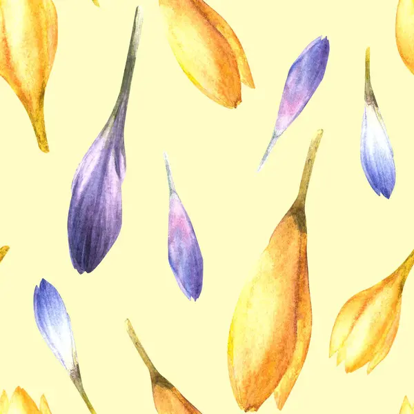 Watercolor early spring primary flowers Blue, yellow crocuses, saffron seamless pattern Hand drawn illustration Ester wedding birthday wrapping, scrapbooking fabric Isolated clipart yellow background