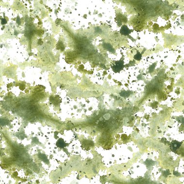 Suluboya sarı lekeler, kusursuz desenler. El boyaması illüstrasyon. Soyut zeytin, çimen yeşili lekeler sıçrar, lekeler tekstil için izole edilmiş beyaz arkaplan, ambalaj kağıdı, duvar kağıdı