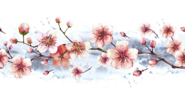 Ağaç, sakura, kiraz, elma tomurcukları ve çiçeksiz kenar ağacı, arka planda gri suluboya lekeleri. Bahar çiçekleri, bahar mevsimi. El çizimi izole illüstrasyon