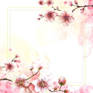 Bahar ağacı şablonundan filizlenen bir dal. Elle çizilmiş çiçek sakura, kiraz veya elma tomurcukları ve suluboya lekeleri arka plana sıçrar. İlkbahar kartı izole illüstrasyon