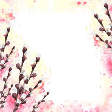 Watercolor springtime card. Pussy willow trees on watercolor yellow, pink spotted background. Template frame. Hand drawn Illustration. Catholic, Orthodox Lutheran Easter Palm Sunday clipart. Isolated