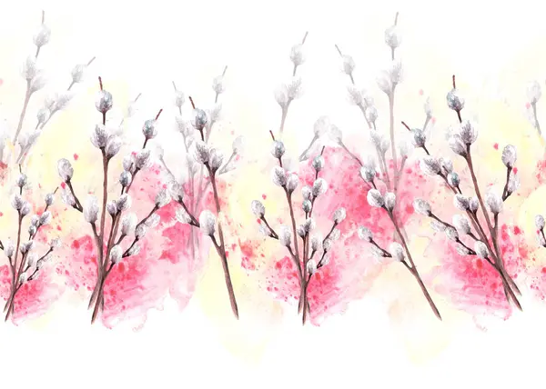 Watercolor Spring Pussy Willow Tree Background Watercolor Yellow Pink Stain — Stock fotografie
