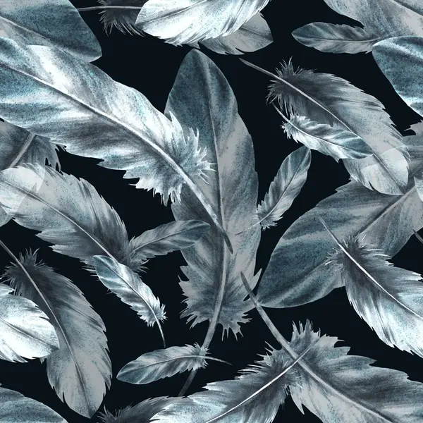 Akvarel Bezešvný Vzor Monochromatickým Ptačím Peřím Šedá Černá Barva Granulací — Stock fotografie