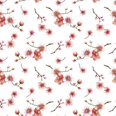 Ağaç, sakura, kiraz tomurcukları ve çiçeklerin suluboya dalları, pürüzsüz desenli bahar çiçekleri, kumaş baskısı için bahar zamanı suluboya klibi, izole edilmiş resimli beyaz arka plan