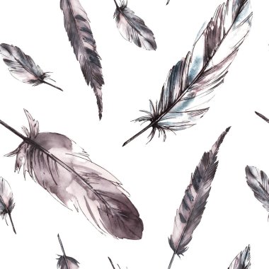 Suluboya kuş tüyleri, tek renkli tüylerle kusursuz desen, grafik çizgili gri siyah renk. Quill kanatları, resimli duvar kâğıdı ambalaj kumaşı baskısı çiziyor. İzole edilmiş beyaz arkaplan