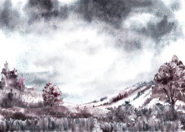 Arazi, çayır, çalılar, ağaçlar, tepeler, gökyüzü ve bulutlarla suluboya tek renkli manzara. Klasik gri, siyah renk şeması, fırtınalı hava durumu el çizimi izole edilmiş beyaz arkaplan