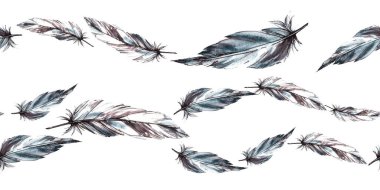 Suluboya dikişsiz kenar, tek renkli kuş tüyü desenli gri siyah renkli ve grafik çizgili. Quill kanatları resim çiziyor. Paketleme, kumaş, paketleme. İzole edilmiş beyaz arkaplan