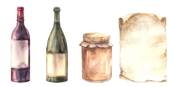Aquarellflaschen Mit Rot Und Weißwein Gläser Mit Hausgemachter Marmelade Marmelade — Stockfoto