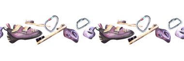Climb shoes with metal carabiners, magnesium brush and stones, grips. Watercolor bouldering, climbing equipment. Sport hand painted illustration Clipart for package printing. Isolated white background clipart