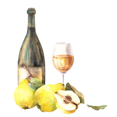 Ayva meyvesi ve bir bardak şarap ya da meyve suyu, iç, sarı bir bütün ve meyve kes. Meyve likörü, şarap, schnapps Alkol etiketi. Sulu boya el çizimi. İzole edilmiş beyaz arka plan..