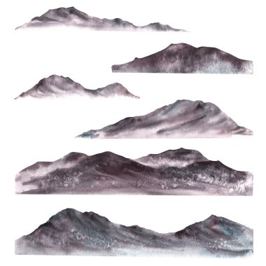 Dağlar siluetler, aralıklar, tepeler, tepeler, tepe arazi mimarı seti. El çizimi suluboya monokromatik çizim. Doğa, organik, biyoloji, ekolojik kavram. İzole edilmiş beyaz arkaplan.