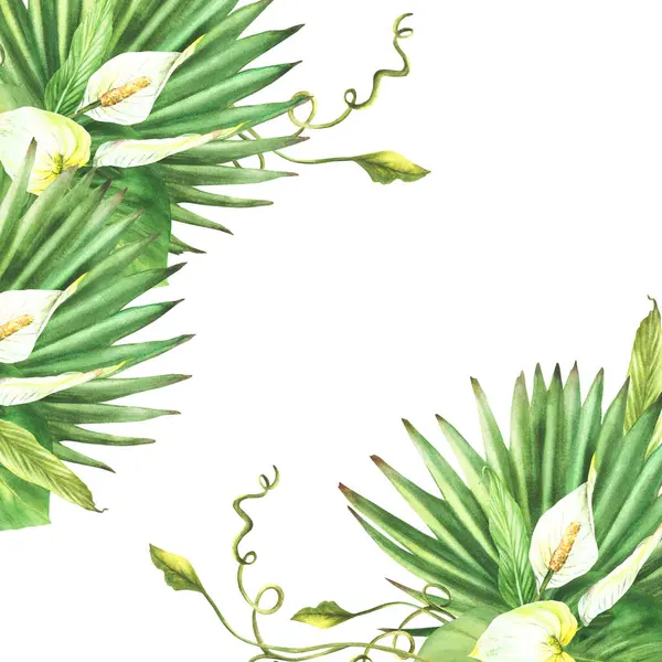 Tropical leaves frame, anthurium white flowers, palm leaf, calla buds, creeper home plant leaves card template. Exotic greenery clipart. Watercolor hand drawn illustration Isolated white background.