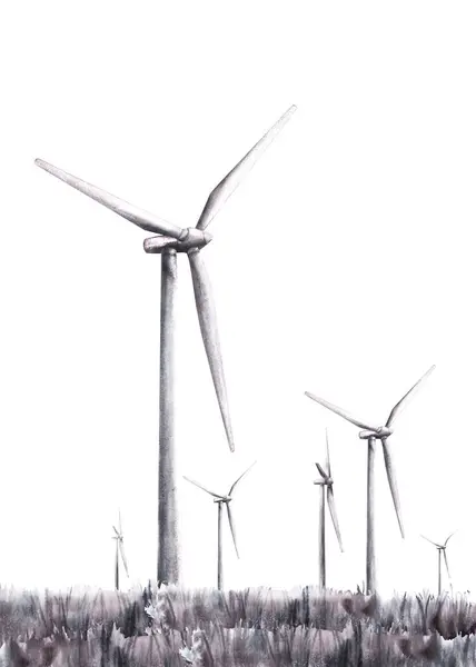 Landscape Windmills Wind Turbine Grass Field Hand Drawn Monochrome Watercolor Лицензионные Стоковые Фото