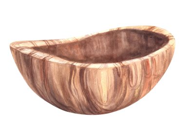 Tahta kâse. Suluboya boş zeytin ağacı mutfak gereçleri ya da kahverengi ekolojik sofra takımı. El çizimi çizimi. Menü için suluboya klipsi, ürün ambalaj baskısı. İzole edilmiş beyaz arkaplan