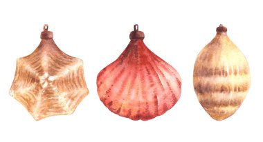 Noel ağacı oyuncakları seti. Kırmızı ve altın rengi kozalaklar, deniz kabukları ve yıldızlar oyuncaklar oluşturur. Suluboya cam Xmas dekorasyonu ya da yeni yıl dekorasyonu. El çizimi illüstrasyon İzole edilmiş arkaplan Clipart.