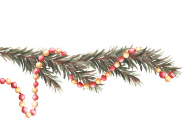 Noel ağacı dalında çelenk. Kırmızı, altın antika Xmas oyuncağı, yeni yıl kutlaması. Kış köknar dalı. Selamlama için suluboya el çizimi, izole arkaplanda davetiye kartı.
