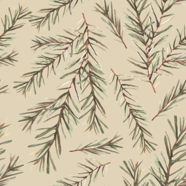 Çam ağacı ya da köknar ağacı suluboya, kışın dikişsiz desenlidir. İğneli ladin yeşili. Noel ağacı dalı, kumaş için çizimler, izole edilmiş bej arkaplan üzerine ambalaj kağıdı