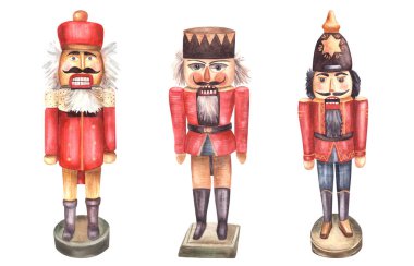 Suluboya fındıkkıran seti, tahta oyuncak asker. Geleneksel Noel ağacı retro dekorasyonu elle çizilmiş. Ayrı arkaplanda tebrik, davetiye kartı ve çıkartma yazdırmak için tıklayın.