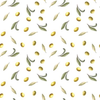 Olive fruits, berries with green leaves seamless pattern. Watercolor hand drawn botanical food illustration. Nature clipart for oil label, packing, fabric, wallpaper print on isolated white background clipart