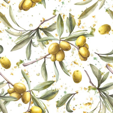 Yeşil yapraklı ve suluboya böğürtlenli zeytin dalı arka planda lekeler bırakır. Kusursuz desenli el, yağlı gıda paketleme ve tekstil duvar kâğıdı için illüstrasyon botanik klipsi boyadı. İzole edilmiş
