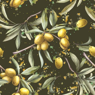 Olive tree branch with green leaves and berries on watercolor splashes stains on dark background. Seamless pattern Hand painted herbal illustration Botanical clipart for packing, wallpaper. Isolated clipart