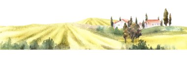 Landscape with field, villa, farmhouse, bushes, fruit trees, cypresses. Watercolor Italian, France summer, fall Hills, and valleys, natural rustic scene. Hand draw illustration on isolated background clipart