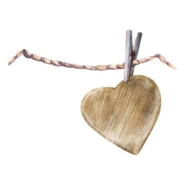 Çamaşır iğnesinde asılı duran suluboya kalp, ip. Aşk ilanı. Selamlar, hediye sevgililer günü kartları. Tahta el aşkın sembolü. İzole edilmiş arkaplanda el çizimi