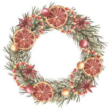 Noel çelengi. Spruce ağacı dalları eski moda. Çelenk, kurutulmuş meyve ve baharat, altın ve kırmızı toplar. Geleneksel Xmas klasik dekoru. Resmedilmiş suluboya çerçeve izole arkaplan