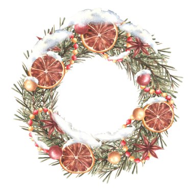 Karlı Noel çelengi. Firavun ağacı dalları eski moda. Çelenk, kurutulmuş meyve, baharat, toplar. Geleneksel Xmas vintage dekor Watercolor çerçeve resimli izole arkaplan