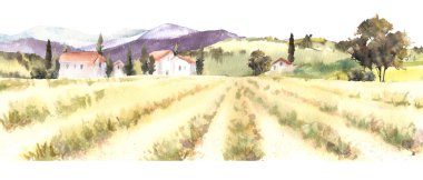 Arazi, villa, çiftlik evi, çalılar, meyve ağaçları, selvi ve dağlar. Suluboya İtalyan doğası, Fransa yazı, sonbahar tepeleri ve vadiler. İzole edilmiş arkaplanda el çizimi illüstrasyonu