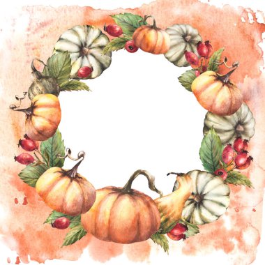 Köpek gülü, gül kalçası böğürtlen ve yapraklı balkabakları. Suluboya çelenk. Sonbahar hasat dairesel çerçeve el çizimi izole sıçramalar, lekeler turuncu arka plan sonbahar, Şükran Günü kartı