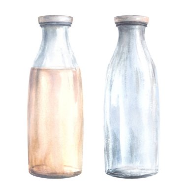 Süt şişesi boş ve sütlü bir içecekle kapatılmış. Suluboya el çizimi. İçecek, krema, yoğurt etiketleri. Ekoloji, geri dönüşüm ürünü konsepti. Arka plandan izole edilmiş. 