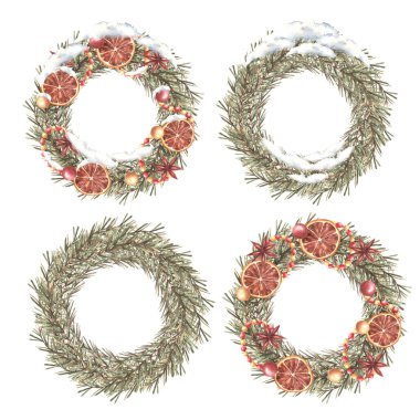 Karlı kış dalları Noel çelengi seti. Firavun ağacı dalları eski moda. Çelenk, kurutulmuş meyve ve baharat, toplar Geleneksel Xmas vintage dekor Suluboya el çizimi izole arkaplan