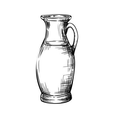 Cam şişe, zeytinyağlı sürahi, sıvı, su. Kavanoz ya da sebze sosu iç. Ürün etiketi ve menüsü için siyah ve beyaz vektör el çizimi. Arka plandan izole çizgi sanatı